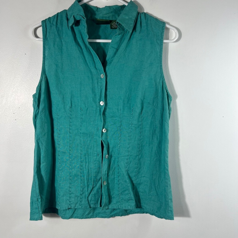 Mountain Lake Sleeveless Linen Button Shirt Green M Embroidered Details